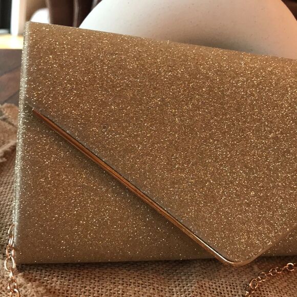 GOLD METALLIC WEDDING PROM GLITTER SPARKLE ENVELOPE BAG CLUTCH PURSE NEW - Picture 4 of 9